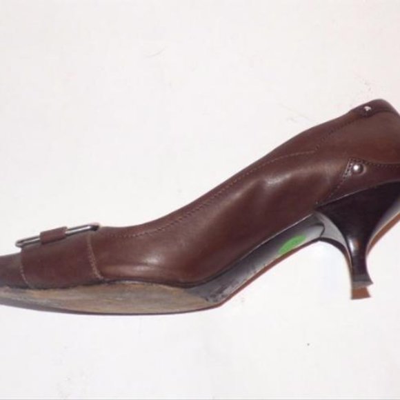 Prada Brown Leather Squared Pointy Toe Kitten Heel ChrOme Accent Pumps - Picture 3 of 6